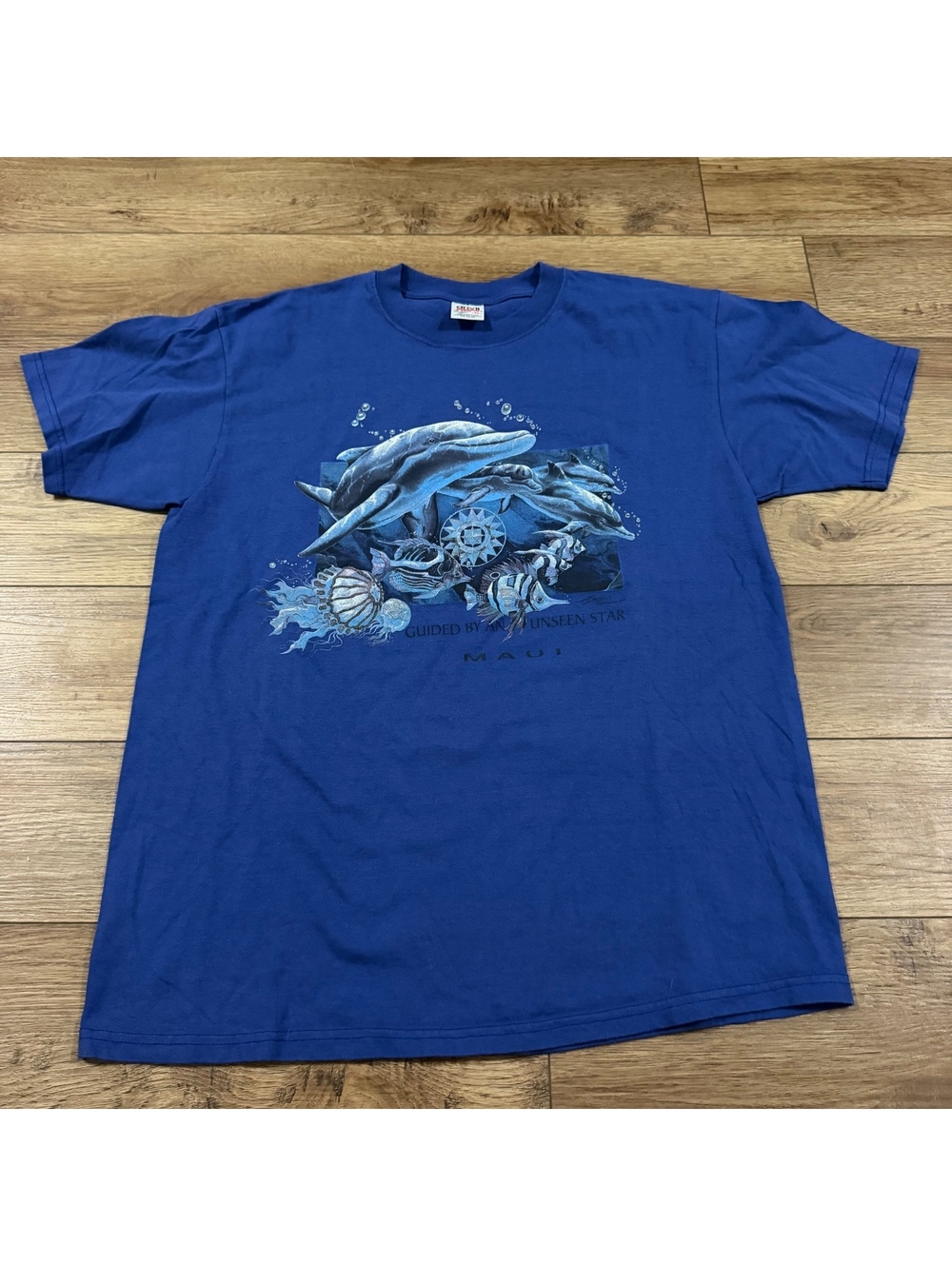 Vtg 90s Maui Hawaii Dolphin Marine T Shirt Blue XL